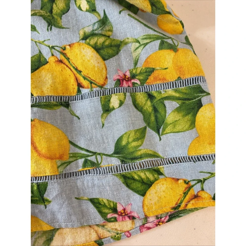 FOR CYNTHIA Lemon Print Lace Linen‎ Blend Sleeveless Dress Size L Resort Travel